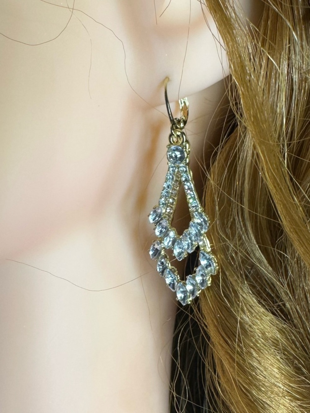 Gold Tone CZ Rhinestone Teardrop Dangle Earrings Leverback 2” Sparkle